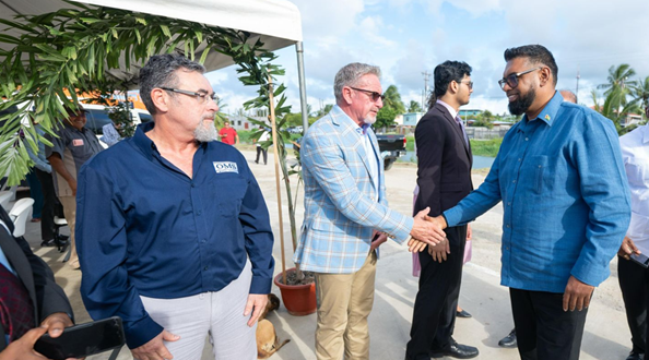 OMS Subsea CEO Mike Arnold and OMS Guyana GM Kenny Vorster extend a warm welcome to His Excellency Dr. Mohamed Irfaan Ali.